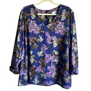 J Jill Womens 2X Floral VNeck Long Sleeve Top Cottagecore Blue/Purple PlusSize
